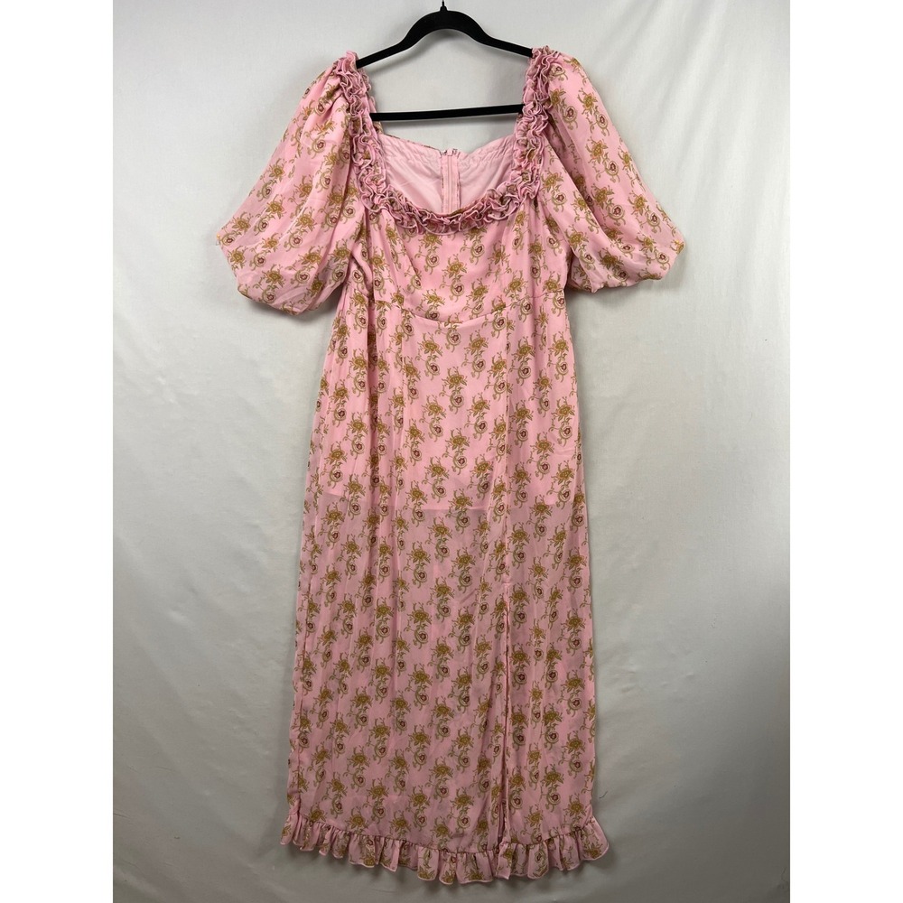 SHEIN Curve Maxi Dress Womens 0XL Pink Floral Ruffle Puff Sleeve Cottagecore